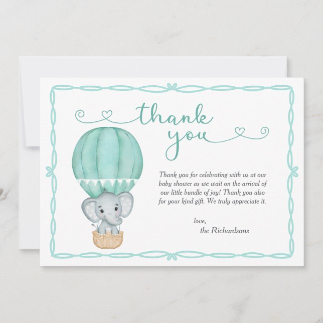 Tarjeta De Agradecimiento Baby Shower neutral de género de elefante verde (Anverso)