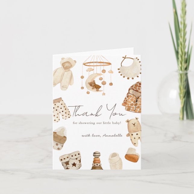 Tarjeta De Agradecimiento Baby Shower neutral de género en ropa de boho (Anverso)