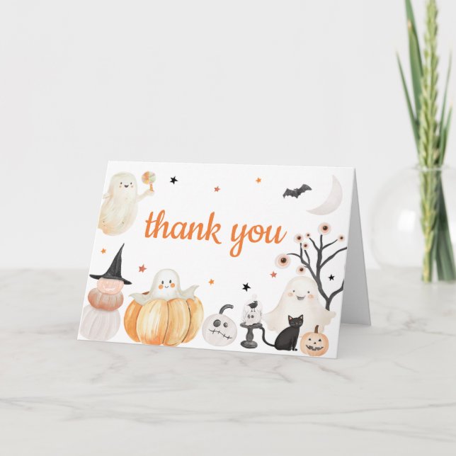 Tarjeta De Agradecimiento Baby Shower Neutral de género Halloween Little Boo (Anverso)