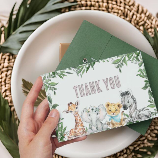 Tarjeta De Agradecimiento Baby Shower Neutral de género Safari Animales Gree (Subido por el creador)