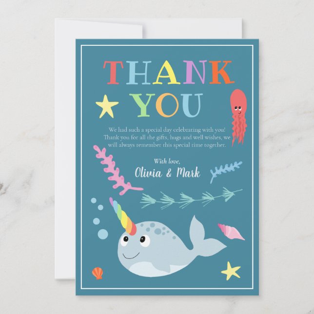 Tarjeta De Agradecimiento Baby Shower Neutral de Narwhal de género moderno (Anverso)