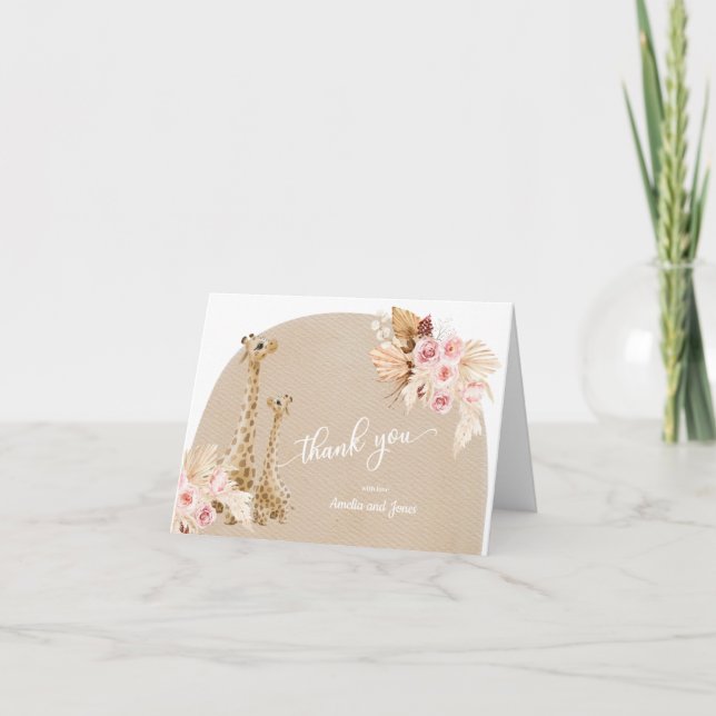 Tarjeta De Agradecimiento Baby Shower Neutral Pampas Grass Giraffe (Anverso)