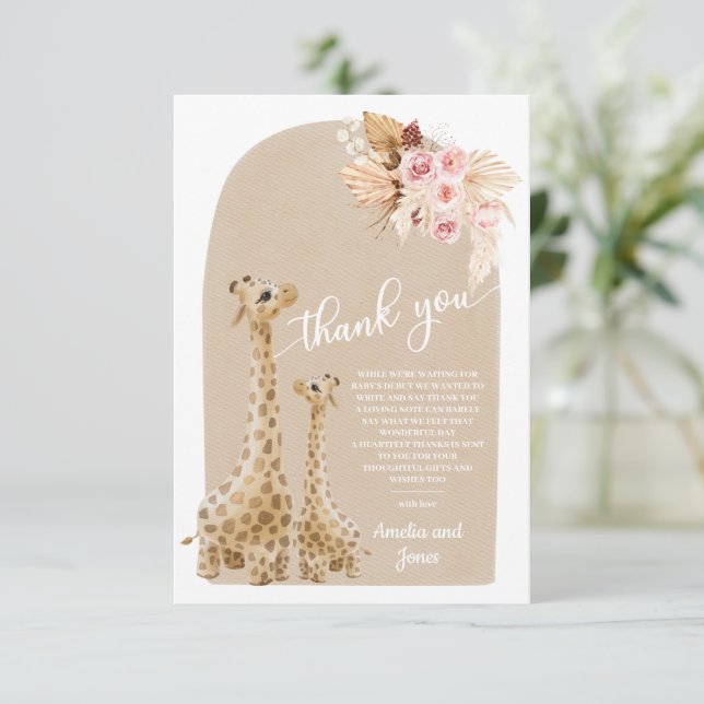 Tarjeta De Agradecimiento Baby Shower Neutral Pampas Grass Giraffe (Anverso de pie)