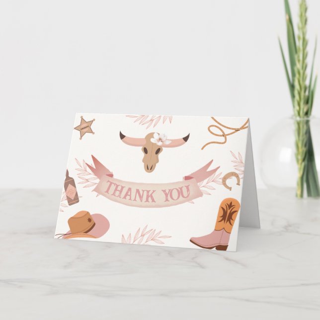 Tarjeta De Agradecimiento Baby Shower Neutral Pink Boho Wild West Cowgirl (Anverso)