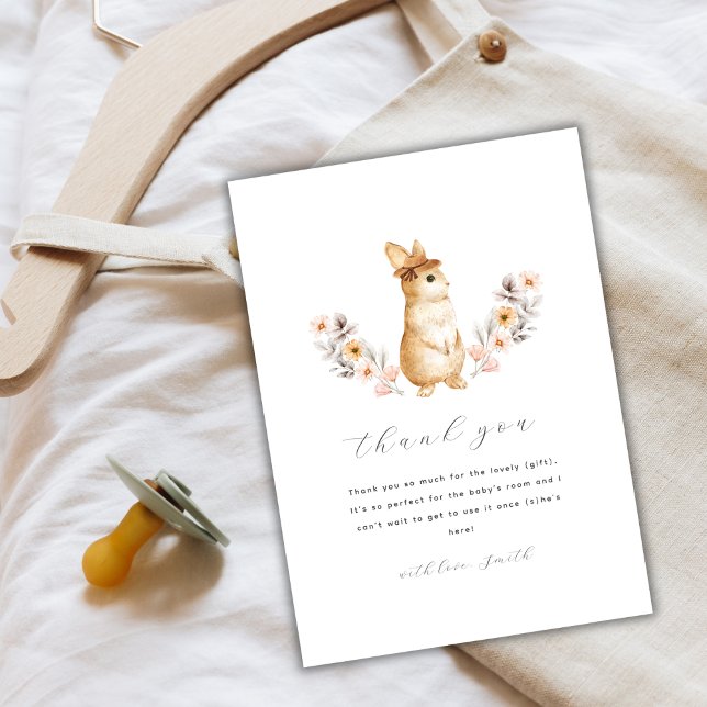 Tarjeta De Agradecimiento Baby Shower Neutral simple conejito con flores sil (Gender Neutral Simple Bunny Wildflower Baby Shower Thank You Card)