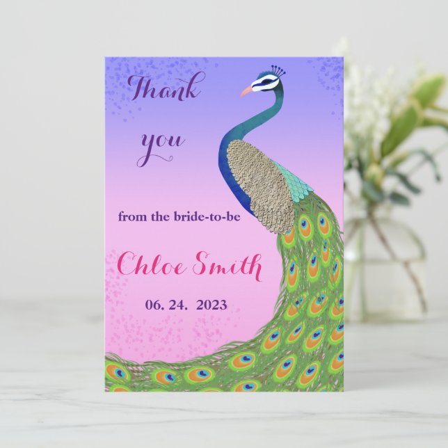 Tarjeta De Agradecimiento Baby shower nupcial con tema de pavo real rosa y a (Anverso de pie)