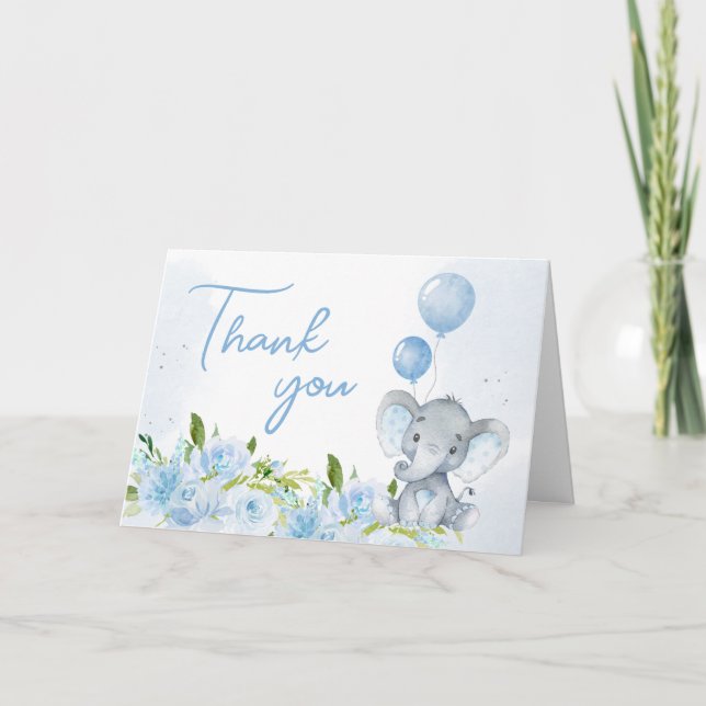 Tarjeta De Agradecimiento Baby Shower para elefantes azules (Anverso)