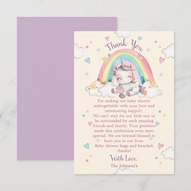 Tarjeta De Agradecimiento Baby Shower Pastel Rainbow Unicorn (Anverso / Reverso)