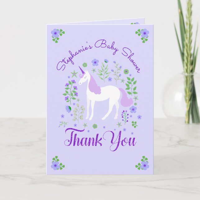 Tarjeta De Agradecimiento Baby Shower personalizado de Unicorn Purple (Anverso)
