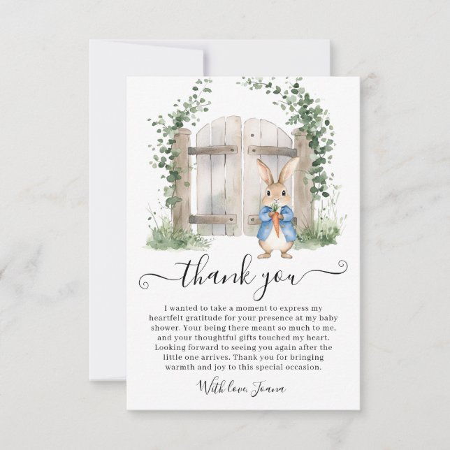 Tarjeta De Agradecimiento Baby Shower Peter Rabbit Garden Gate Greenery (Anverso)