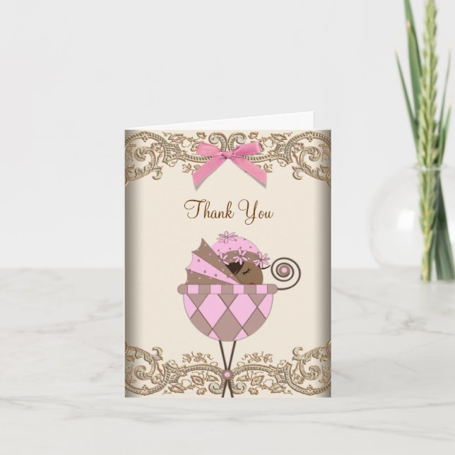Tarjeta De Agradecimiento Baby Shower Pink Brown Lace (Anverso)