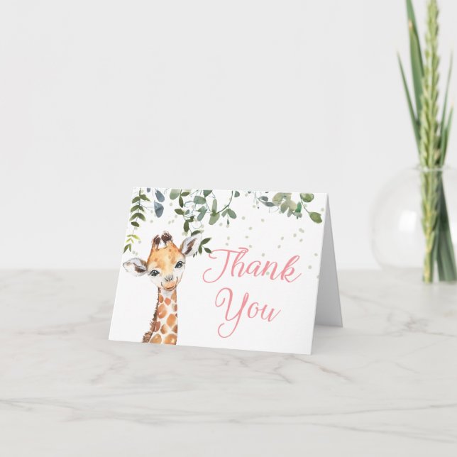 Tarjeta De Agradecimiento Baby Shower Pink Giraffe Safari (Anverso)