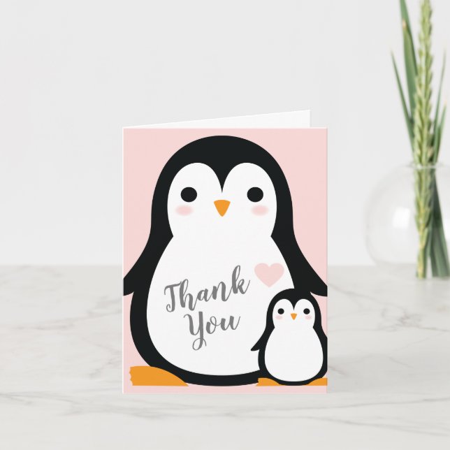 Tarjeta De Agradecimiento Baby Shower Pink Penguin (Anverso)