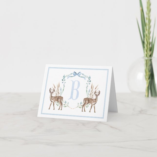 Tarjeta De Agradecimiento Baby Shower Preppy Southern Blue Boy Deer (Anverso)