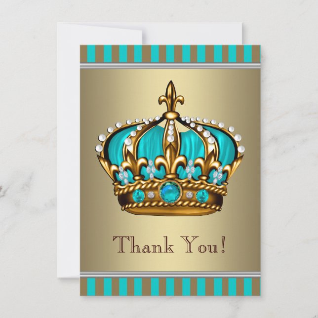 Tarjeta De Agradecimiento Baby Shower, Príncipe de oro azul turquesa (Anverso)