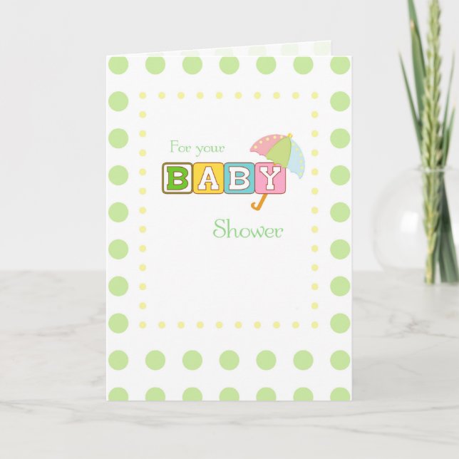 Tarjeta De Agradecimiento Baby Shower, puntos verdes con paraguas (Anverso)