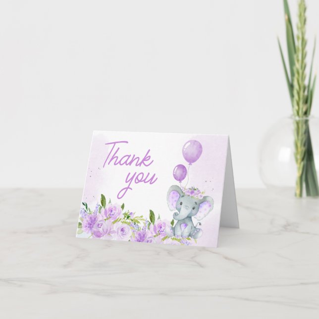 Tarjeta De Agradecimiento Baby Shower Purple Floral Elephant (Anverso)