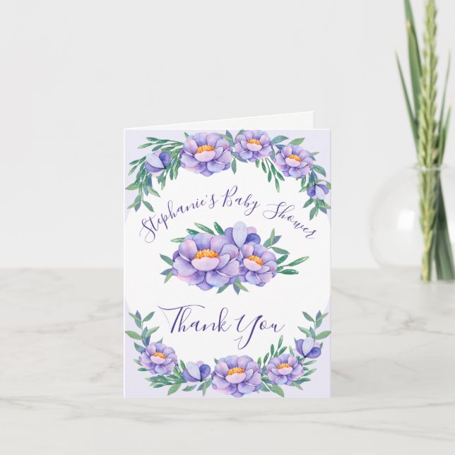 Tarjeta De Agradecimiento Baby Shower Purple Floral Gracias (Anverso)