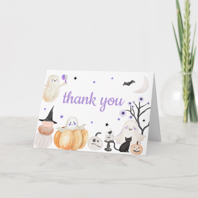 Tarjeta De Agradecimiento Baby Shower Purple Halloween Little Boo (Anverso)