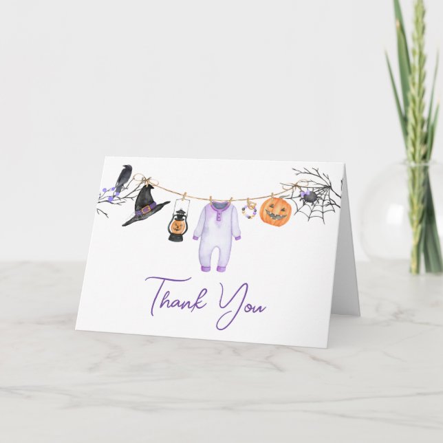 Tarjeta De Agradecimiento Baby Shower Purple Little Boo Halloween (Anverso)