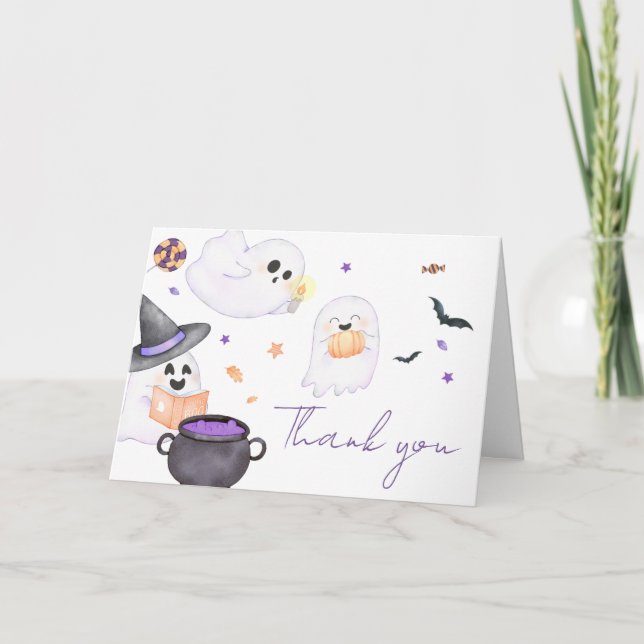 Tarjeta De Agradecimiento Baby Shower Purple Little Boo Halloween (Anverso)