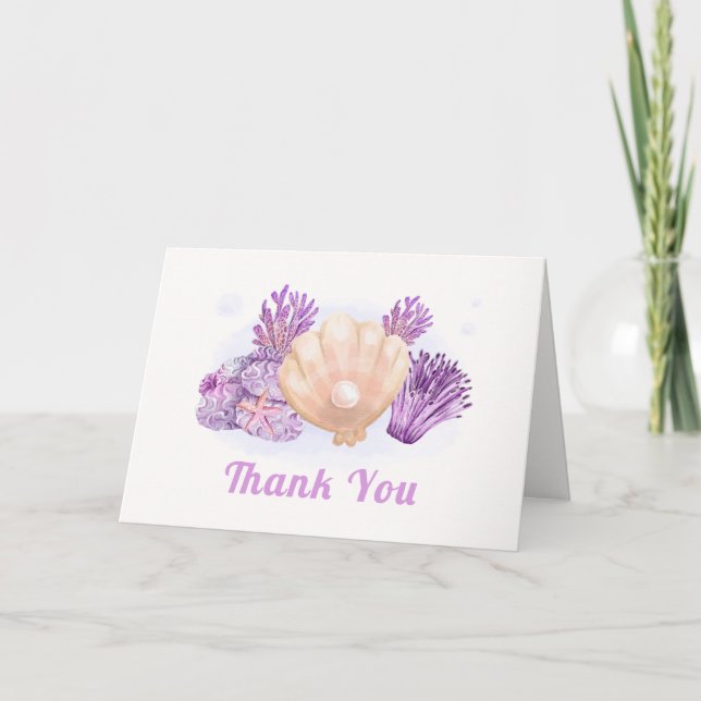 Tarjeta De Agradecimiento Baby Shower Purple Retro Pearl Seashell (Anverso)