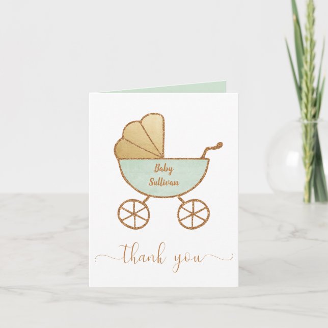 Tarjeta De Agradecimiento Baby Shower Retro Carrier Mint Gold (Anverso)