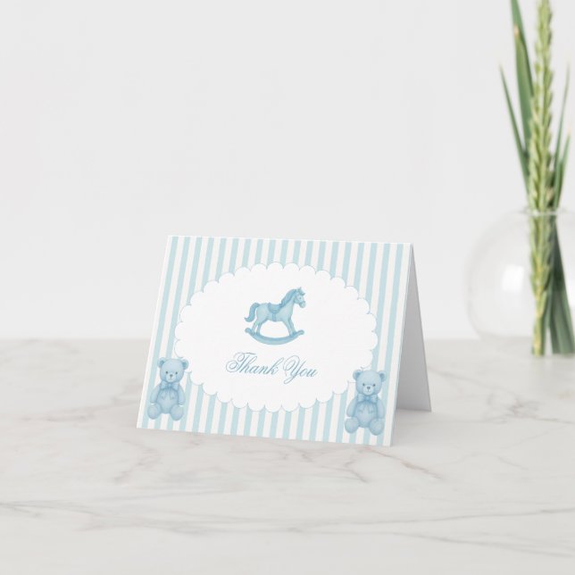 Tarjeta De Agradecimiento Baby Shower Rocke Horse Blue Preppy (Anverso)