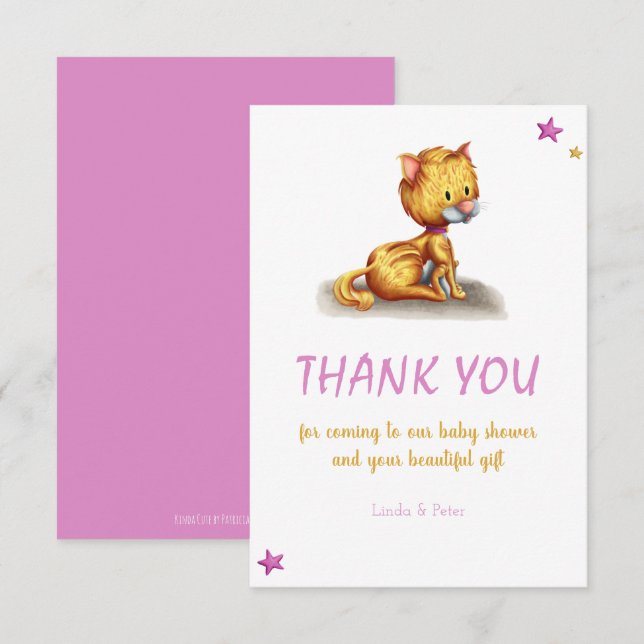 Tarjeta De Agradecimiento Baby Shower rosa de gato lindo (Anverso / Reverso)