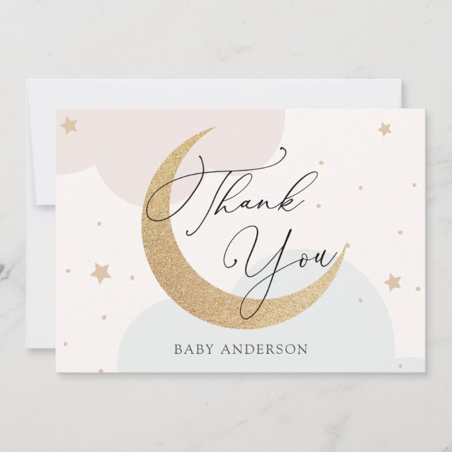 Tarjeta De Agradecimiento Baby Shower rosa y azul Moon and Stars (Anverso)