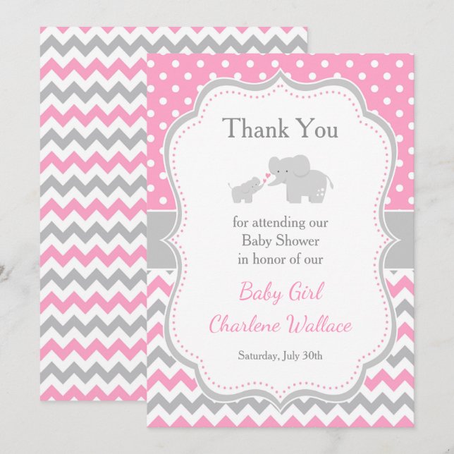 Tarjeta De Agradecimiento Baby Shower rosa y gris elefante (Anverso / Reverso)