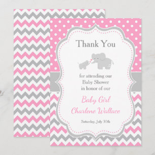 Tarjeta De Agradecimiento Baby Shower rosa y gris elefante