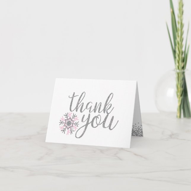Tarjeta De Agradecimiento Baby Shower rosado y plateado con copo de nieve (Anverso)