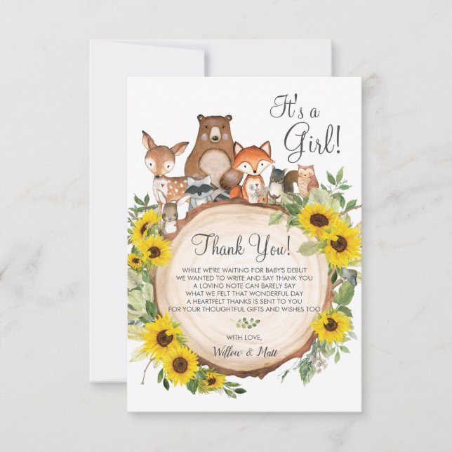 Tarjeta De Agradecimiento Baby Shower Rustic Sunflower Woodland Animals (Anverso)