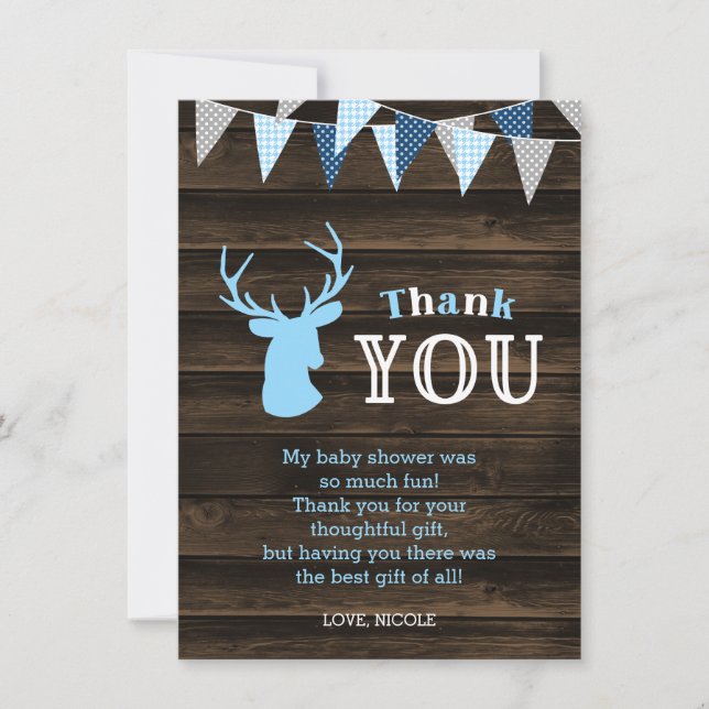 Tarjeta De Agradecimiento Baby Shower Rustic Wood Blue Deer (Anverso)
