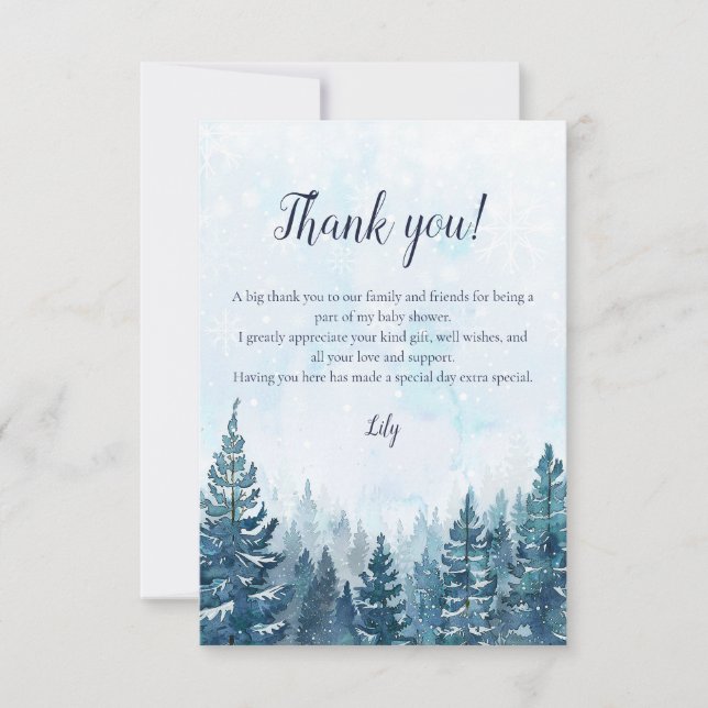 Tarjeta De Agradecimiento Baby Shower Rústico de Invierno Bosque de Pinos en (Anverso)