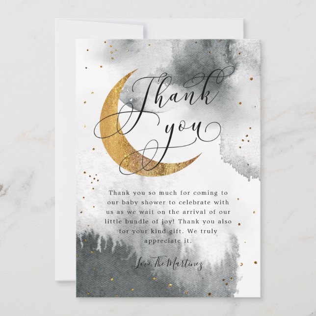 Tarjeta De Agradecimiento Baby Shower: Rústico Gray Gold Moon Stars (Anverso)