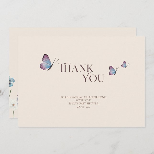 Tarjeta De Agradecimiento Baby Shower simple de mariposas y flores silvestre (Anverso / Reverso)
