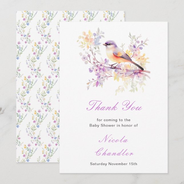 Tarjeta De Agradecimiento Baby Shower Spring Cute Bird (Anverso / Reverso)