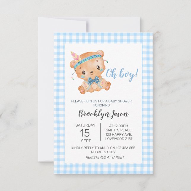 Tarjeta De Agradecimiento Baby Shower Teddy Bear Oh Boy Blue Gingham (Anverso)