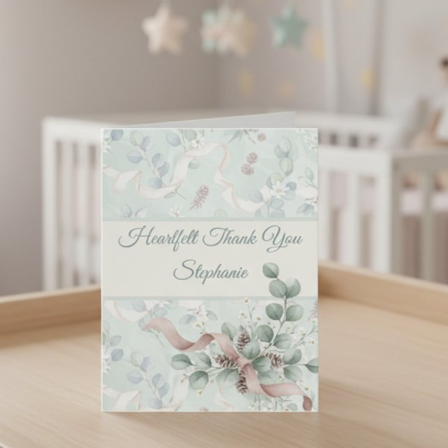 Tarjeta De Agradecimiento Baby Shower Thank You Card - Eucalyptus & Bow (Baby shower thank you card)