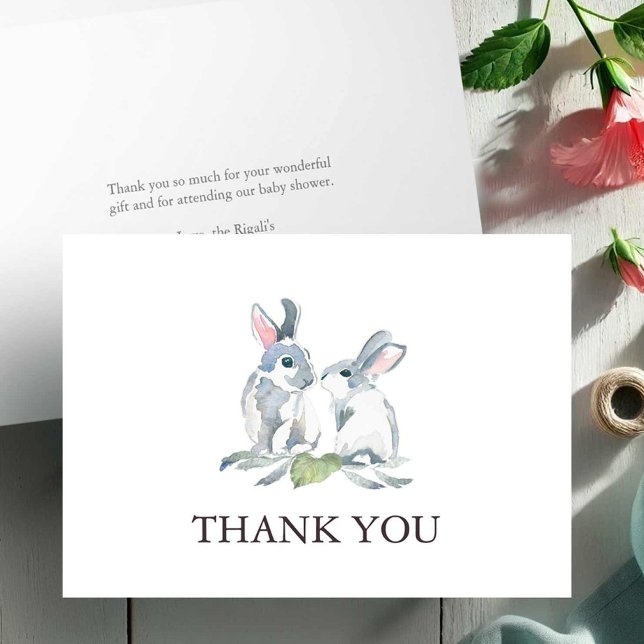 Tarjeta De Agradecimiento Baby Shower Thank You Card Woodland Bunnies (Bunny rabbit thank you card watercolor art by Victoria Grigaliunas of Do Tell A Belle)