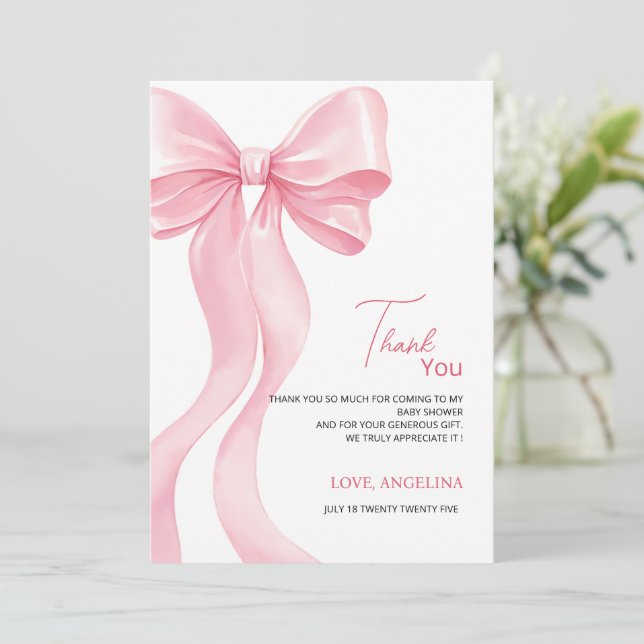 Tarjeta De Agradecimiento Baby Shower Thank You Cards with adorable bow. (Anverso de pie)