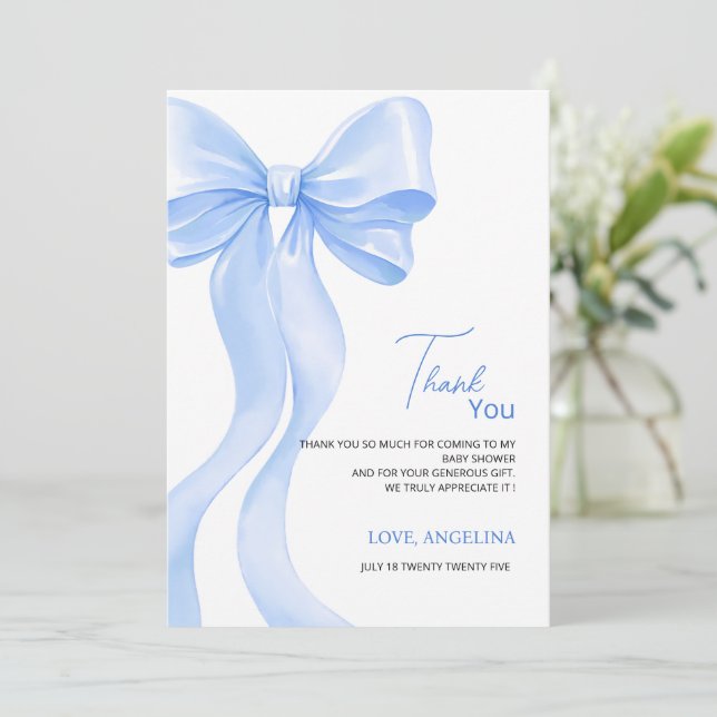 Tarjeta De Agradecimiento Baby Shower Thank You Cards with adorable bow. (Anverso de pie)