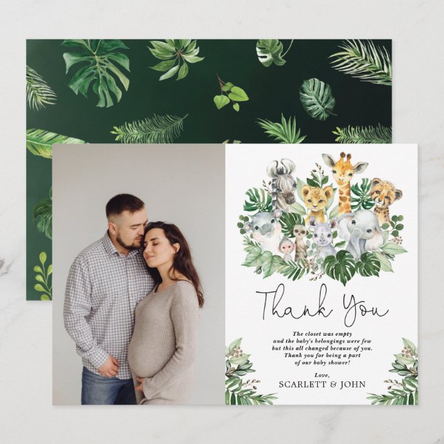 Tarjeta De Agradecimiento Baby Shower tropical de animales salvajes de Safar (Anverso / Reverso)