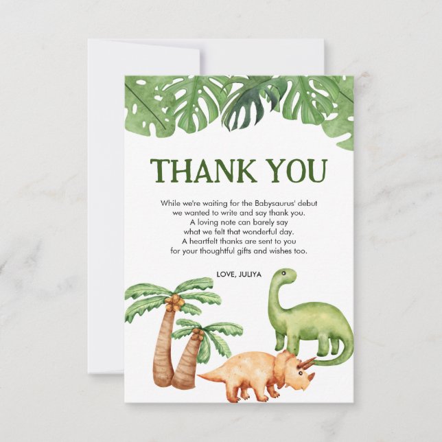 Tarjeta De Agradecimiento Baby Shower Tropical Dinosaur Boy (Anverso)