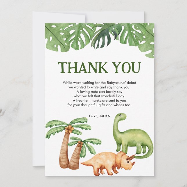 Tarjeta De Agradecimiento Baby Shower Tropical Dinosaur Boy (Anverso)