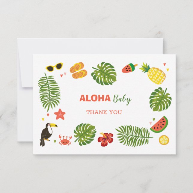 Tarjeta De Agradecimiento Baby Shower Tropical Hawaiano Aloha (Anverso)