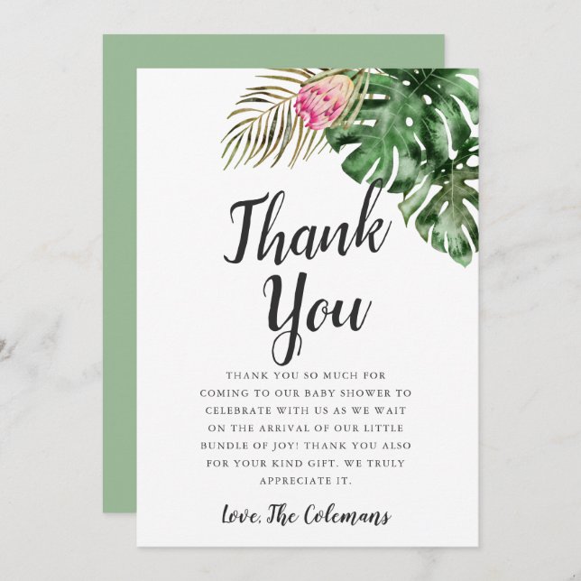 Tarjeta De Agradecimiento Baby Shower Tropical Watercolor Greenery (Anverso / Reverso)
