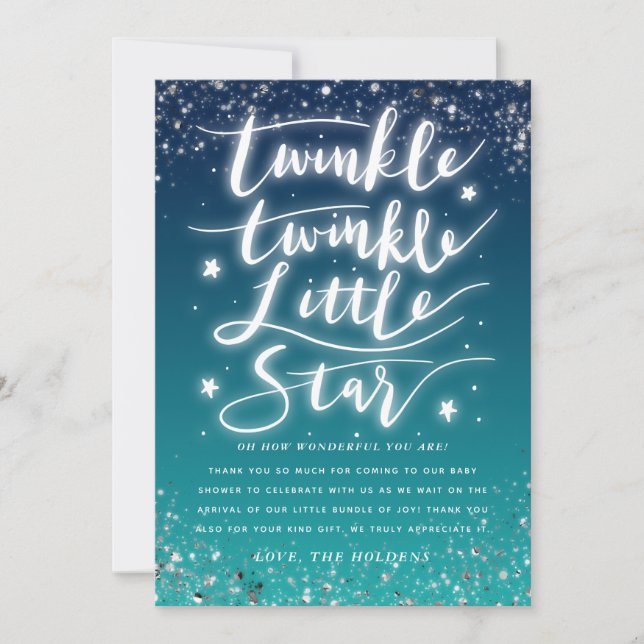 Tarjeta De Agradecimiento Baby Shower Twinkle Little Star Blue Ombre (Anverso)